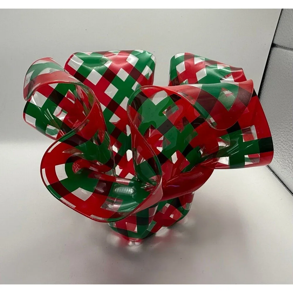 Vintage Christmas Plastic Ruffled Dish Red & Green Plaid Ribbon Candy Bowl